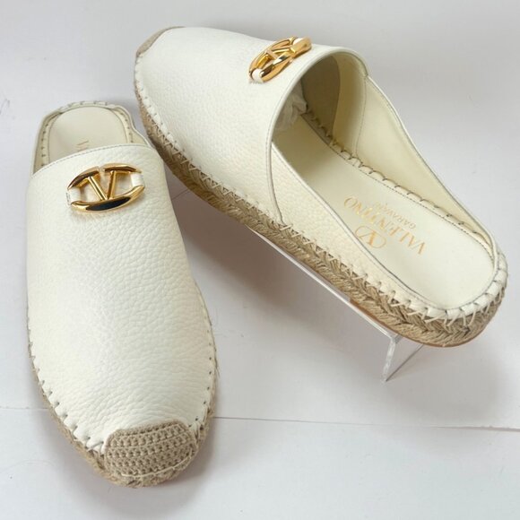 Valentino Garavani V Logo Leather Medallion Espadrille Mules Size 39 - Picture 2 of 13